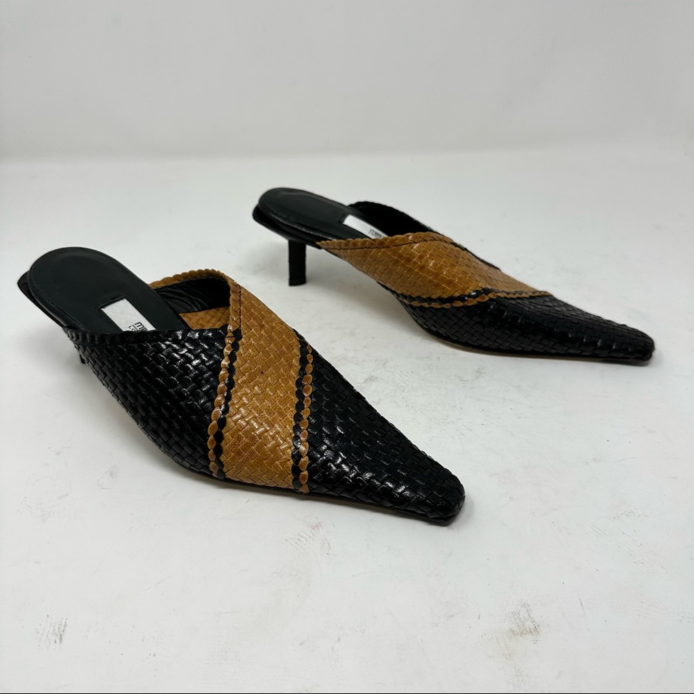 Mista London Woven Leather Pointed Toe Mules Slides Kitten Heel 35